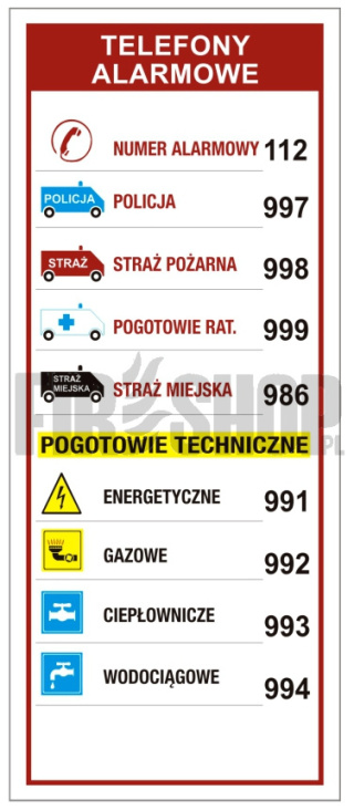 Znak 12S Telefony alarmowe EXTRA 67x160 mm Folia